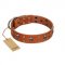"Rebellious Nature" FDT Artisan Tan Leather Bullmastiff Collar Embellished with Crossbones and Square Studs