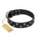 "Power-Flower" FDT Artisan Black Leather Bullmastiff Collar with Two Rows of Silver-like Studs with Engraved Flowers