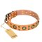 'Sophisticated Glamor' FDT Artisan Bullmastiff Tan Leather Dog Collar with Fancy Old-Bronze Plated Decorations
