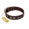 "Needle Stories" Modern FDT Artisan Brown Leather Bullmastiff Collar with Square Engraved Plates and Four-Point Stars