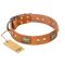 "Saucy Nature" FDT Artisan Tan Leather Bullmastiff Collar with Old Bronze Look Plates and Skulls