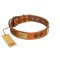 "Bronze Century" FDT Artisan Tan Leather Bullmastiff Collar with Plates and Brooches with Cool Ornament