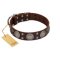 "Sun in Barchans" Modern FDT Artisan Brown Leather Bullmastiff Collar with Engraved Stars on Round Plates and Studs