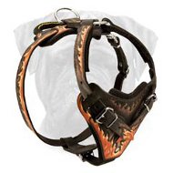 Bullmastiff Flames Painted Leather Dog Harness With Wide Chest Plate