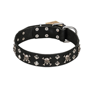 FDT Artisan 'Rock 'n' Roll Style' Leather Bullmastiff Collar with Skulls, Bones and Studs 1 1/2 inch (40 mm) wide