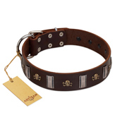 "War Chief" FDT Artisan Genuine Brown Leather Bullmastiff Collar with Skulls and Plates