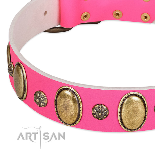 Flexible genuine leather dog collar with corrosion proof fittings