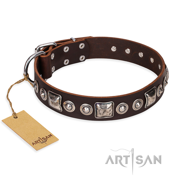 Natural genuine leather dog collar made of reliable material with corrosion resistant D-ring