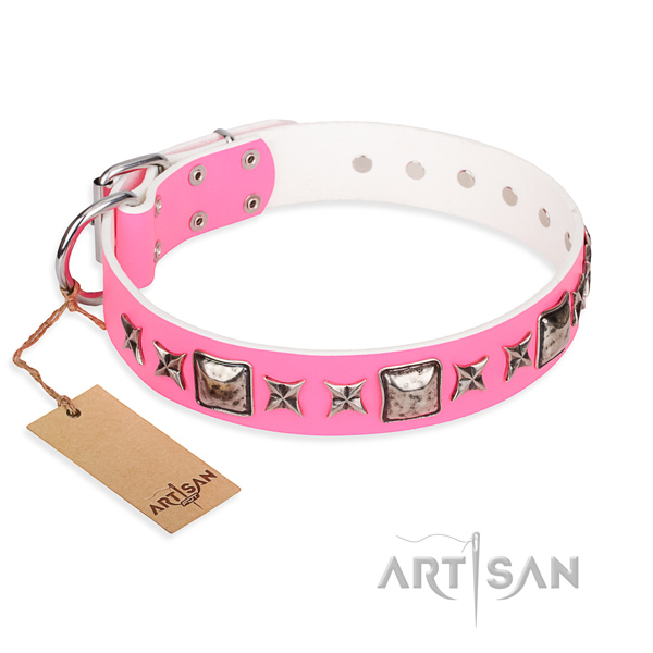 Full grain natural leather dog collar made of gentle to touch material with corrosion proof fittings