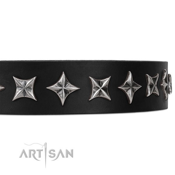 Comfortable wearing embellished dog collar of finest quality full grain genuine leather