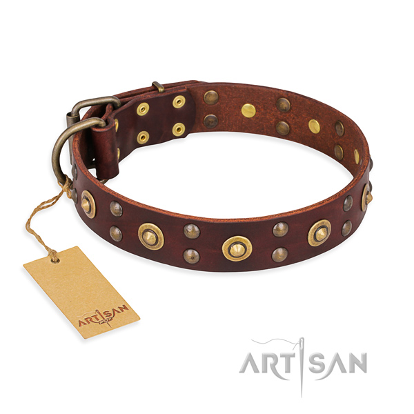 Adjustable full grain genuine leather dog collar with rust-proof traditional buckle