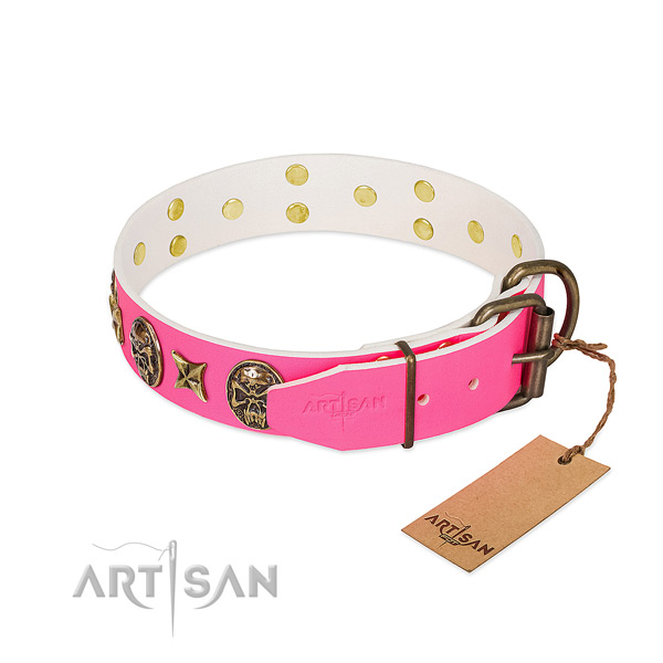 Strong D-ring on genuine leather collar for everyday walking your pet