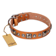 "Era of Future" FDT Artisan Handcrafted Tan Leather Bullmastiff Collar with Decorations "Era of Future" FDT Artisan Handcrafted Tan Leather Bullmastiff Collar with Decorations