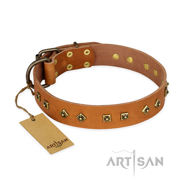 Inimitable genuine leather dog collar with corrosion proof traditional buckle