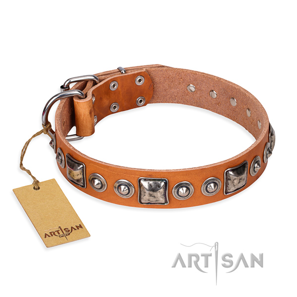 Leather dog collar made of gentle to touch material with reliable D-ring