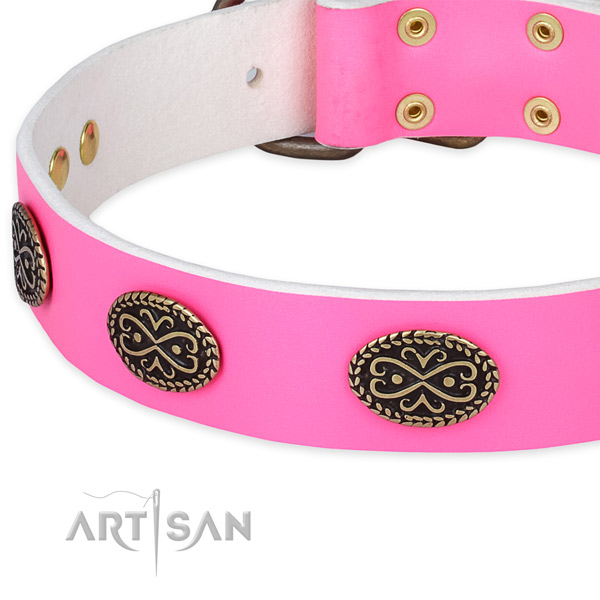 Full grain natural leather dog collar with decorations for daily use
