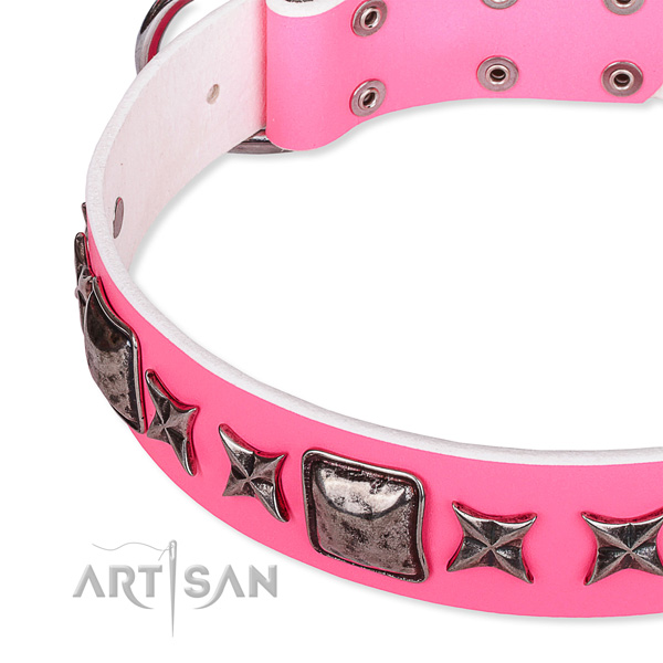 Comfortable wearing embellished dog collar of high quality full grain leather