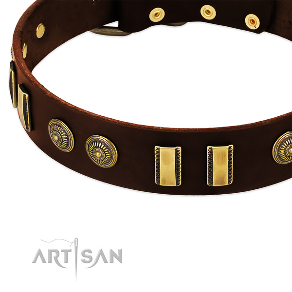 Rust resistant embellishments on natural leather dog collar for your pet