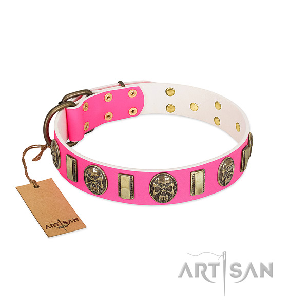 Durable D-ring on natural genuine leather dog collar for your canine