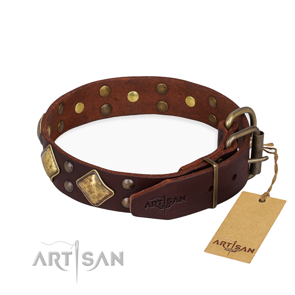 Full grain natural leather dog collar with designer durable studs