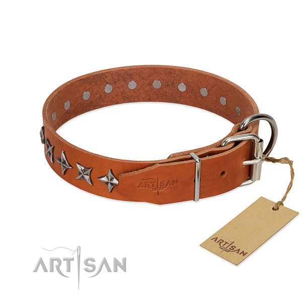 Handy use adorned dog collar of high quality natural leather