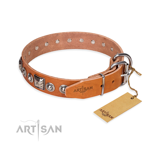 Leather dog collar made of soft to touch material with rust resistant embellishments