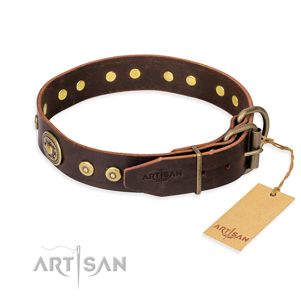 Natural genuine leather dog collar made of top notch material with strong adornments