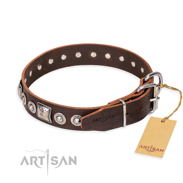 Natural genuine leather dog collar made of quality material with strong decorations