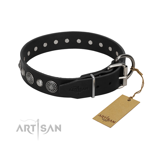 Strong full grain genuine leather dog collar with stylish design adornments