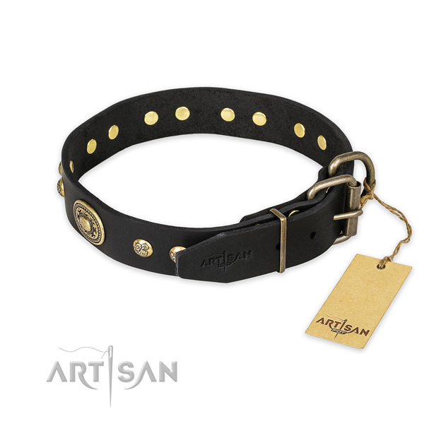 Rust-proof buckle on full grain genuine leather collar for walking your canine