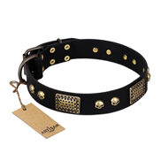 "Biker Style" FDT Artisan Black Leather Bullmastiff Collar with Old Bronze Look Plates and Skulls "Biker Style" FDT Artisan Black Leather Bullmastiff Collar with Old Bronze Look Plates and Skulls
