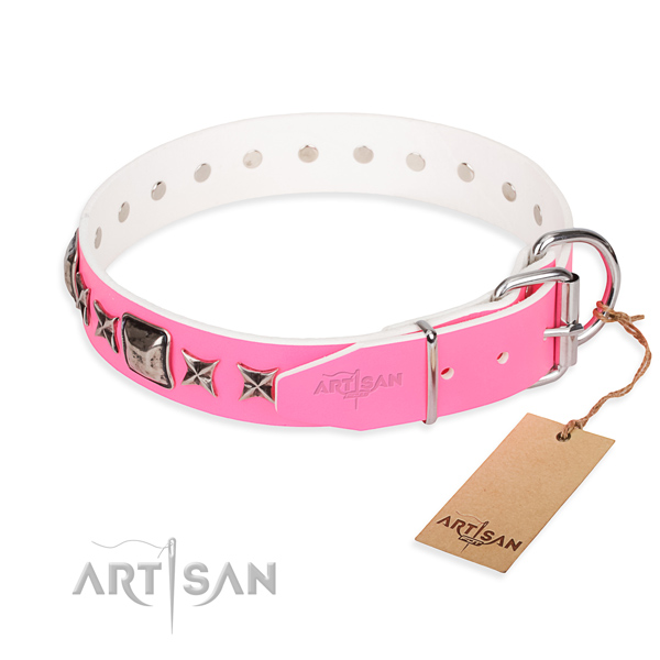 Durable embellished dog collar of genuine leather