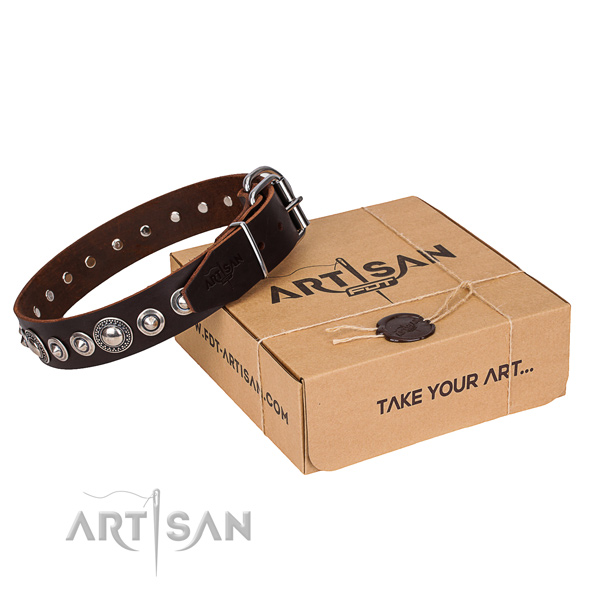 Full grain leather dog collar made of soft to touch material with corrosion proof D-ring