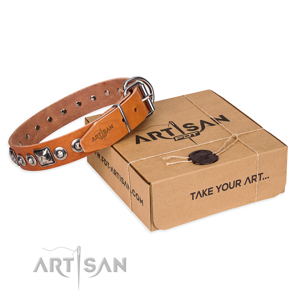 Natural genuine leather dog collar made of flexible material with durable traditional buckle