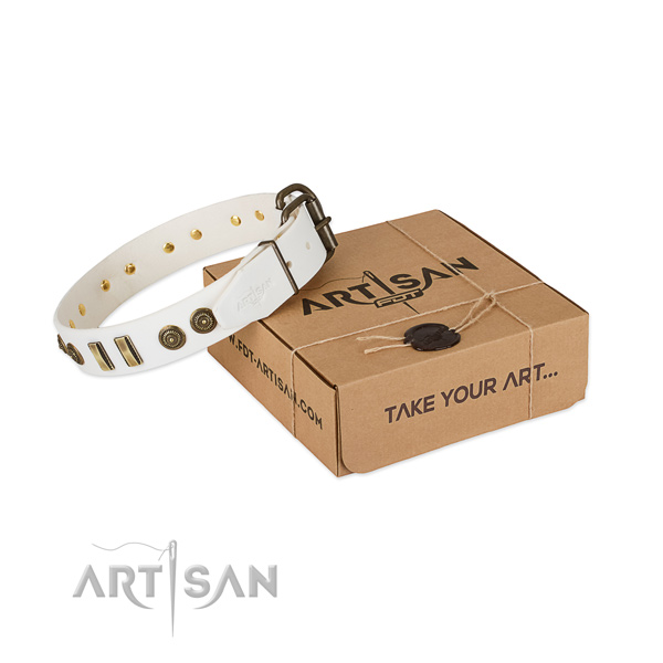 Corrosion proof traditional buckle on full grain genuine leather dog collar for your four-legged friend