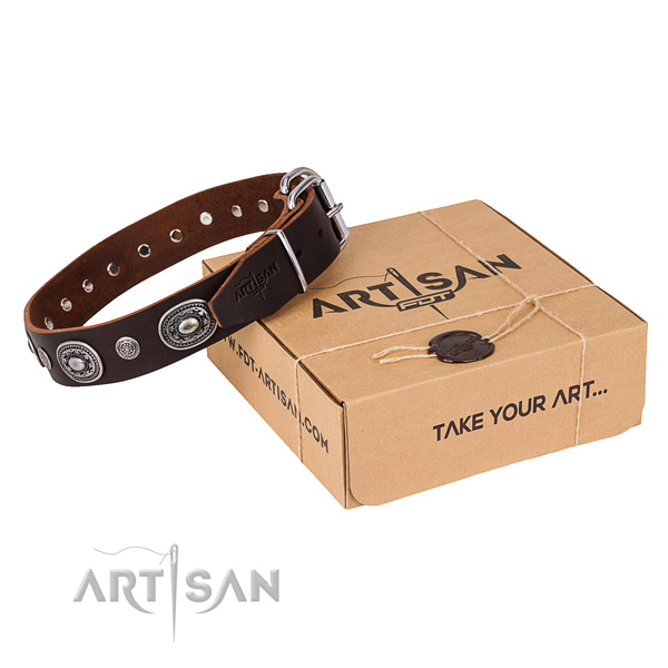 Durable full grain natural leather dog collar created for walking