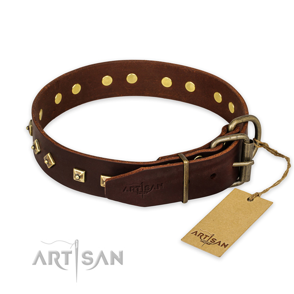 Corrosion resistant hardware on full grain natural leather collar for fancy walking your canine