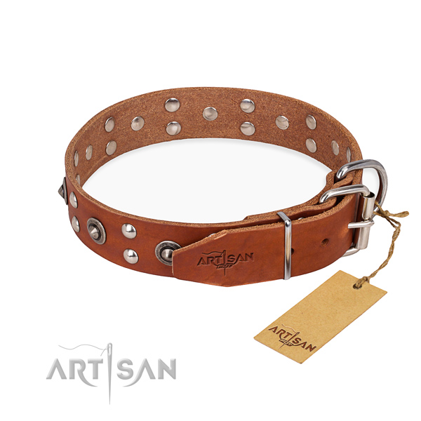 Durable traditional buckle on genuine leather collar for your impressive four-legged friend