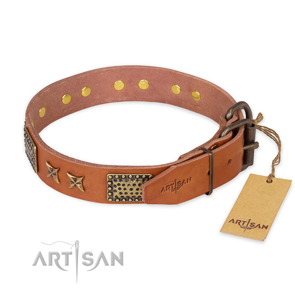 Strong buckle on natural genuine leather collar for your handsome pet