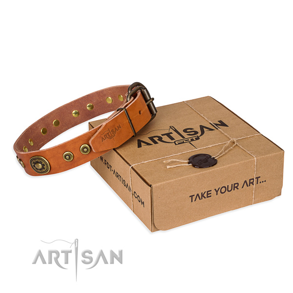 Natural genuine leather dog collar made of flexible material with corrosion resistant traditional buckle