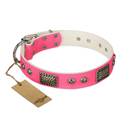 "Fashion Skulls" FDT Artisan Pink Leather Bullmastiff Collar with Old Silver Look Plates and Skulls "Fashion Skulls" FDT Artisan Pink Leather Bullmastiff Collar with Old Silver Look Plates and Skulls