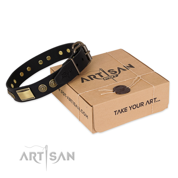 Rust-proof buckle on full grain natural leather dog collar for comfy wearing