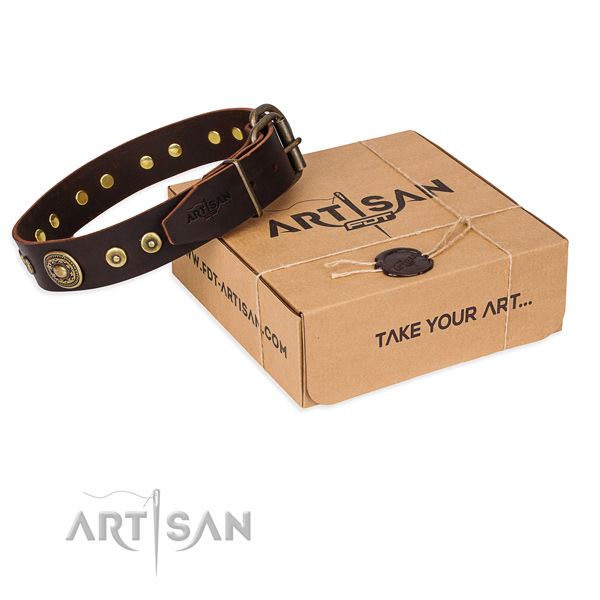 Full grain leather dog collar made of flexible material with rust resistant D-ring