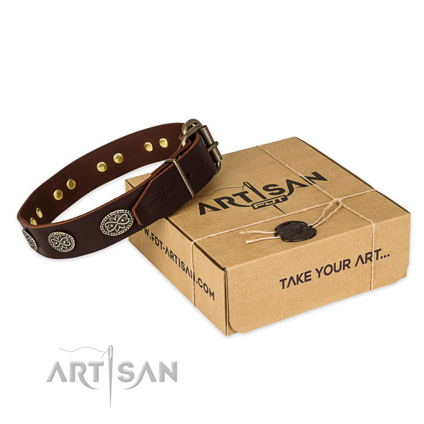 Rust resistant fittings on full grain leather collar for your impressive canine