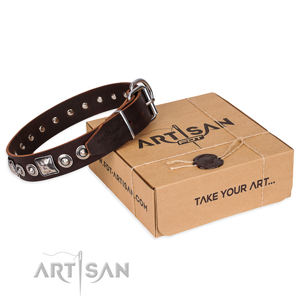 Genuine leather dog collar made of soft to touch material with corrosion resistant D-ring