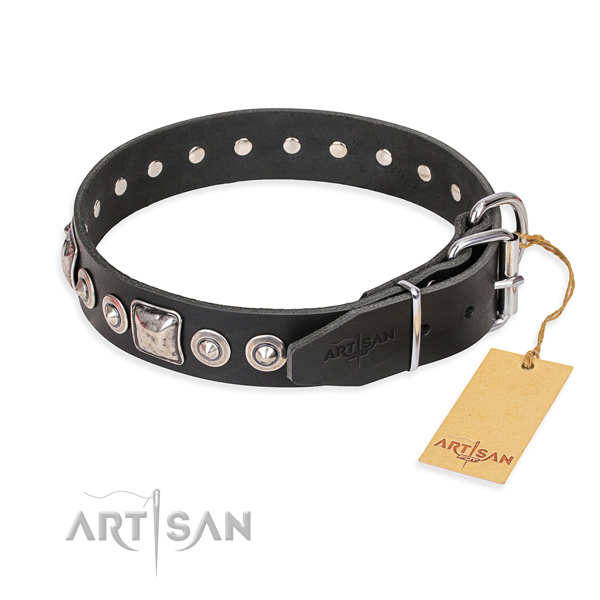 Full grain natural leather dog collar made of top rate material with durable adornments
