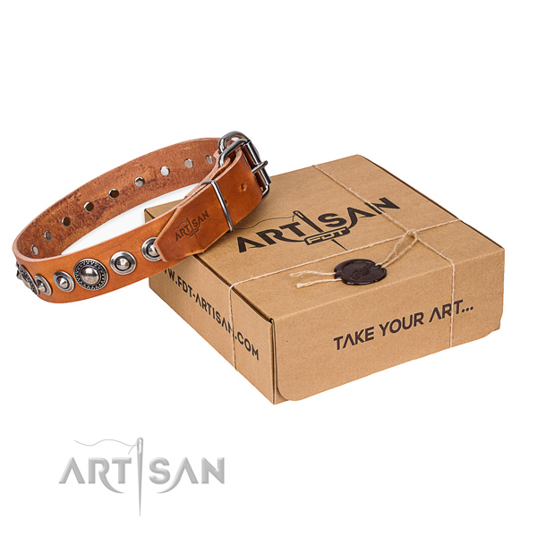 Leather dog collar made of soft to touch material with corrosion resistant D-ring