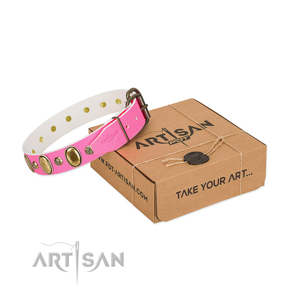 Decorated natural leather dog collar with rust resistant hardware