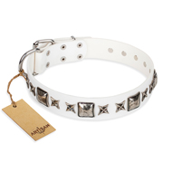 "Intergalactic Travelling" FDT Artisan Handcrafted White Leather Bullmastiff Collar "Intergalactic Travelling" FDT Artisan Handcrafted White Leather Bullmastiff Collar
