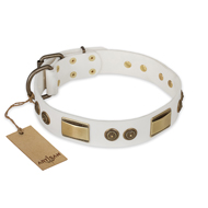 "Golden Avalanche" FDT Artisan White Leather Bullmastiff Collar with Old Bronze Look Plates and Circles "Golden Avalanche" FDT Artisan White Leather Bullmastiff Collar with Old Bronze Look Plates and Circles